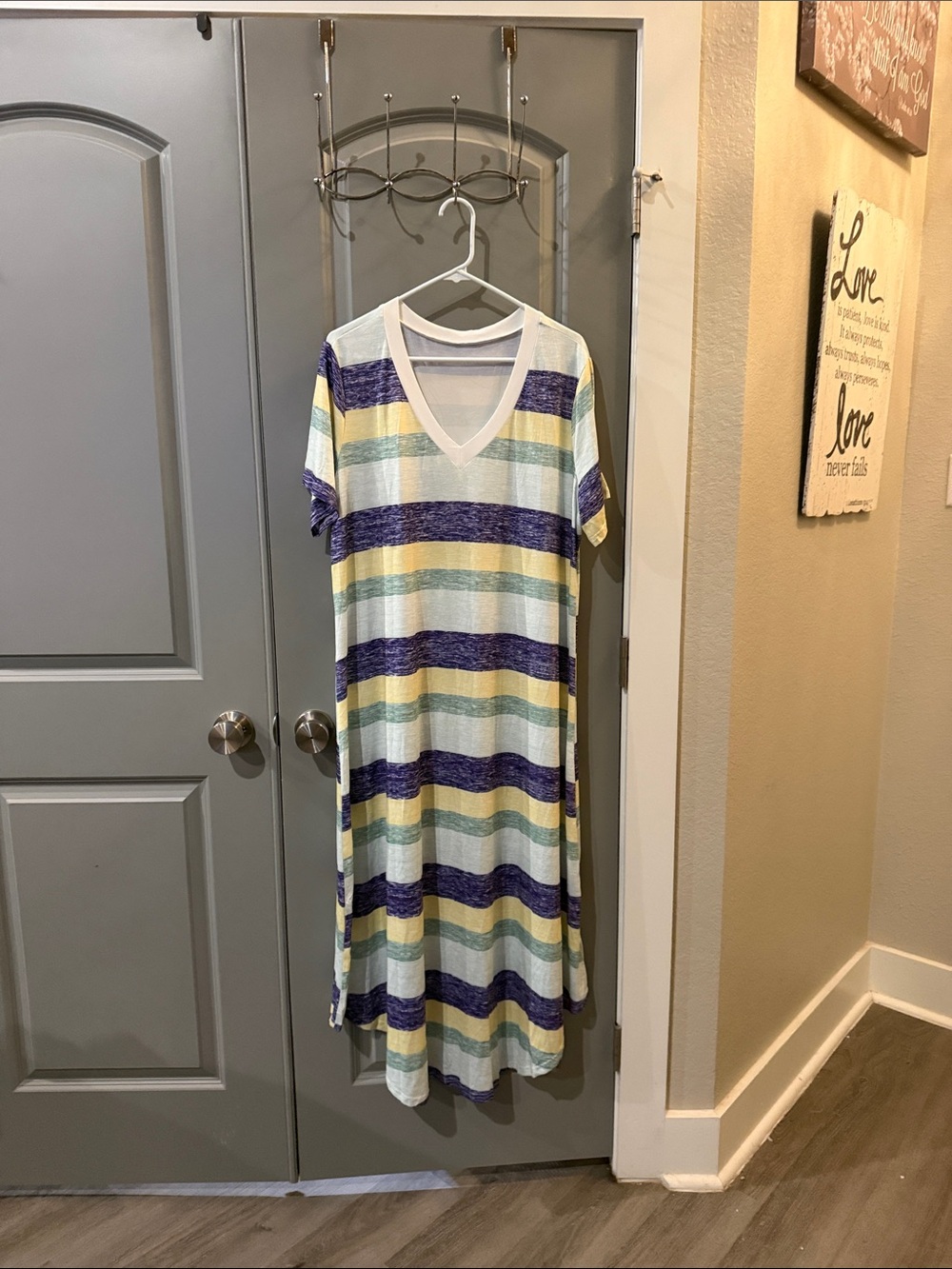 Source Unknown Blue, Yellow and White Striped V-Neck Women’s Dress